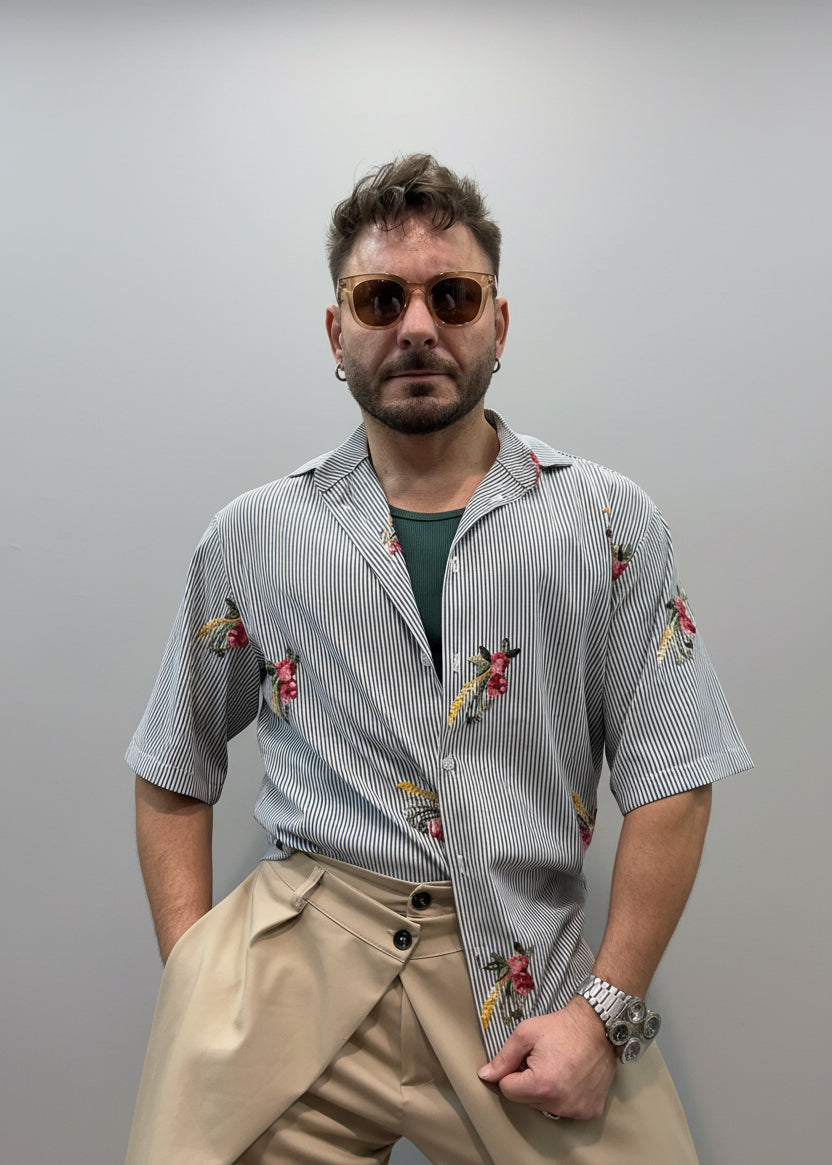 CAMICIA RIGATA RICAMO FIORI