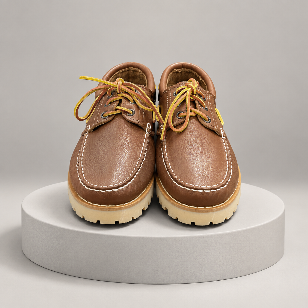Mocassino su rialzo con sfondo minimal e profondità tridimensionale