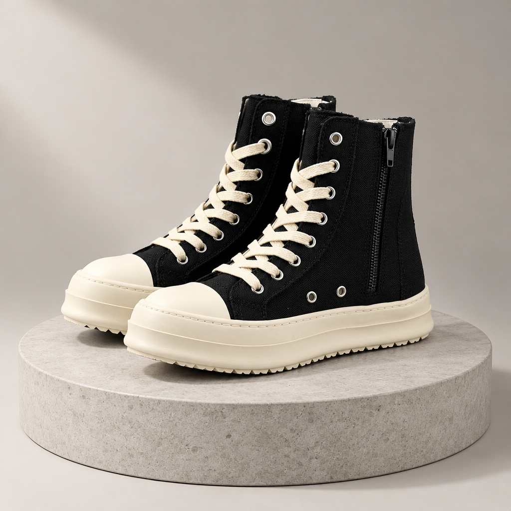 Sneaker alta nera su piedistallo in studio minimal